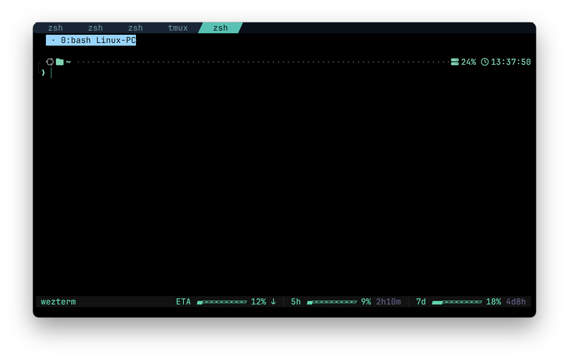 tmux のステータスラインに Claude Code の API 使用率を表示しているターミナル
